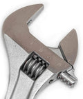 Close-up of chrome plated adjustable wrench from 3 Pc Adjustable Wrench Set 6 Inch, 8 Inch And 10 Inch With Large Knurl And Hex Jaw.