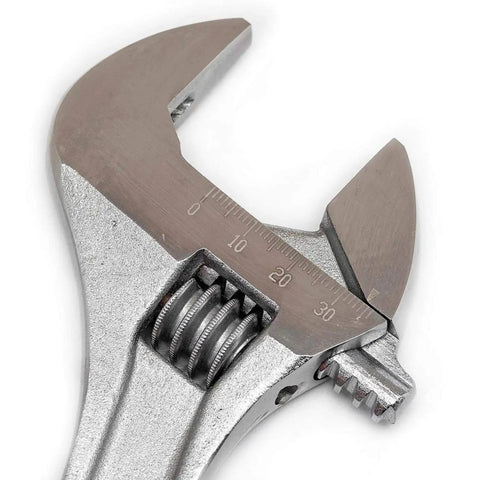 Close-up of chrome plated adjustable wrench from 3 Pc Adjustable Wrench Set 6 Inch, 8 Inch And 10 Inch With Large Knurl And Hex Jaw.