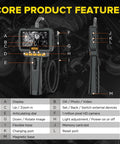 Articulating Video Borescope Endoscope with labeled features and controls shown in engine bay background