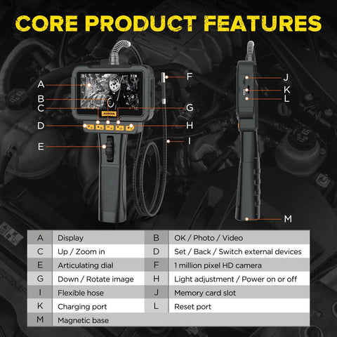 Articulating Video Borescope Endoscope with labeled features and controls shown in engine bay background