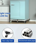Beefy Heavy-Duty All Steel Fridge Stand With Wheels Mobile Base under fridge, showing weight limit, non-slip mat, and steel pipe.