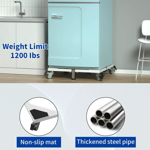 Beefy Heavy-Duty All Steel Fridge Stand With Wheels Mobile Base under fridge, showing weight limit, non-slip mat, and steel pipe.