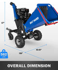 Towable 6 Inch Wood Chipper With Electric Start 15HP 420cc Gas Powered Engine, side view with dimensions and wheels
