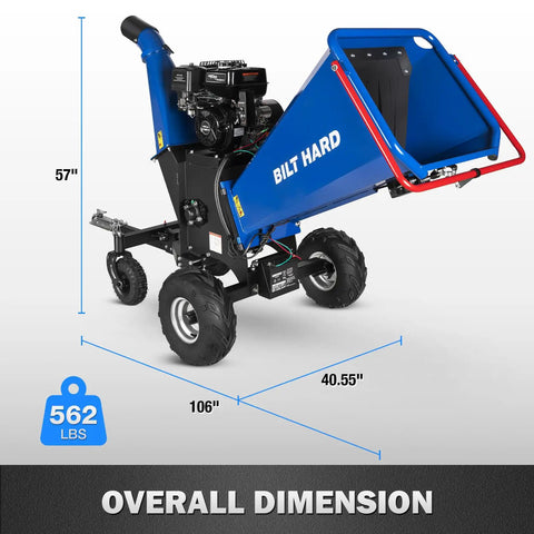 Towable 6 Inch Wood Chipper With Electric Start 15HP 420cc Gas Powered Engine, side view with dimensions and wheels