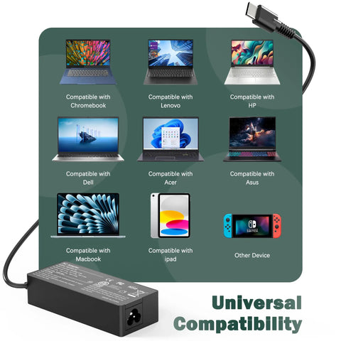 100W USB C Laptop Charger With Universal Compatibility For Laptops Tablets And All USB C Devices Delivers Fast Charge On The Go For Home Office Travel Gaming And Everyday Use, black adapter with USB-C cable