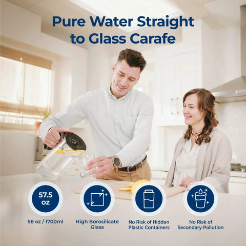 Couple using Countertop Reverse Osmosis Water Filtration System With UV Light And Remineralization Six Stage Pacific KK-0298 carafe filling