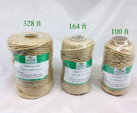 328 Feet Of 5mm Jute Twine Heavy Duty Workhorse Natural Hemp Rope with two other jute twine rolls of 164 ft and 100 ft.