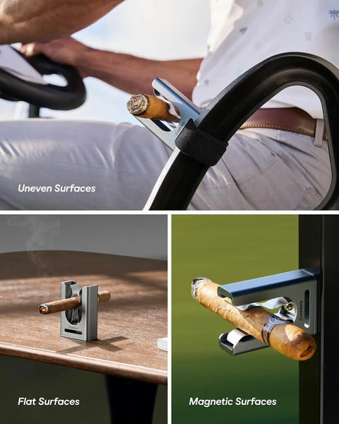 Magnetic Cigar Holder For Golfers Pocket Size One Hand Access Adjustable Clip Fits 30 To 60 Ring Gauge Aluminum Alloy on cart railing