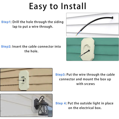 Heavy Duty Siding Mounting Block Kit With Built In Electrical Box For Half Inch Lap Siding, installed on white vinyl siding with outdoor light