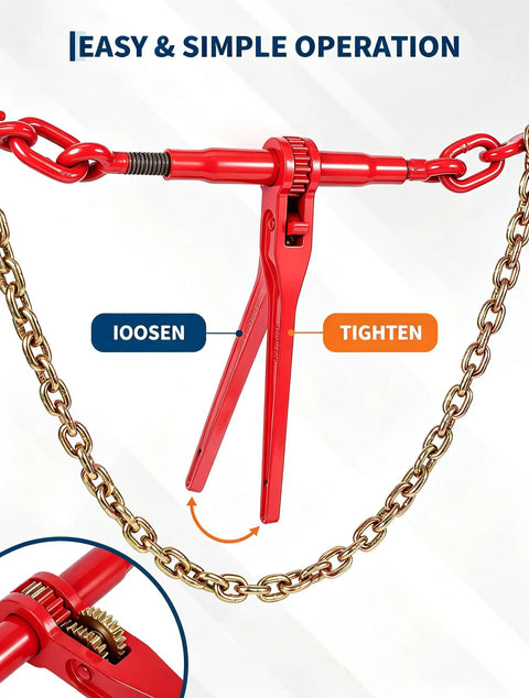 Four 20-Foot Chain And Ratchet Binder Kit For Truck And Trailer Cargo Tie-Downs Includes Four Heavy Chains And Four Adjustable Ratchet Binders In 1/4 To 1/2 Inch Range Built To Strap Down And Secure Loads Like A Pro On The Go, red ratchet binder with chain