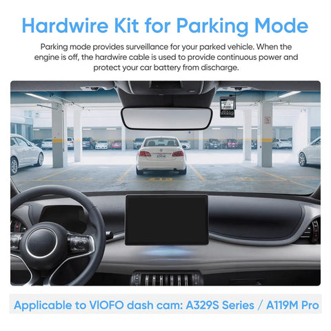Interior car view with dashcam displaying parking mode for Type C HK6 Hardwire Kit With 8 Piece Fuse Tap For A329S And A119M Pro