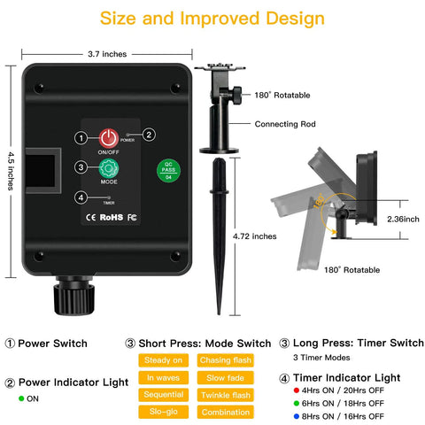 Solar Outdoor String Lights 60Ft 180 LED IP67 Waterproof Dope 8 Modes With Timer Memory Function Anti Interference control panel