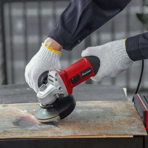 Person using Knockout 7.5 Amp 4.5 Inch Electric Angle Grinder With Grinding And Cutting Wheels for rust removal on metal.