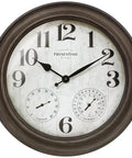 26 Inch Indoor And Outdoor Farmhouse Clock With Thermometer And Hygrometer All In One Weather Station Wall Art And Timepiece For Home Decor In Grey Oak Finish UV Resistant showing large numerals and two small dials.