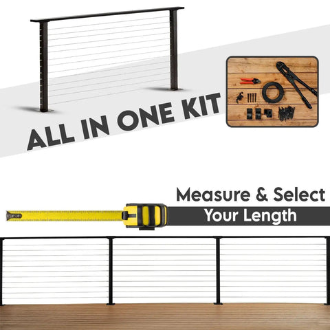 Easy As Pie Cable Railing Kit For Decks Featuring Marine Grade Stainless Steel Cables Plus Pre Drilled Posts And All Necessary Hardware Included For Quick Face Mount Setup In Clean White To Save You Money with measuring tape and installation tools.