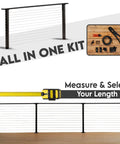 This 12 Foot Cable Railing Kit Brings Serious Style To Any Deck Or Patio Featuring Pre Drilled Metal Posts Marine Grade Stainless Wire All Necessary Tools And Hardware In Smooth Grey With A No Fuss Face Mount Assembly showcasing posts and tools.