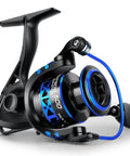 Centron Spinning Reel Size 500 with ultra smooth drag, CNC machined aluminum spool, black and blue design, side view