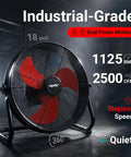 18 Inch High Velocity Brushless Floor Fan With Dual Power DC AC, Delivers 2500 CFM, industrial-grade red blades, 5 speed