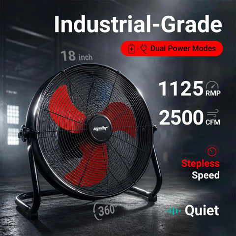 18 Inch High Velocity Brushless Floor Fan With Dual Power DC AC, Delivers 2500 CFM, industrial-grade red blades, 5 speed