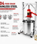 Heavy Duty Stainless Steel Hydraulic Fruit Press Juicer Squeezer Makes Juicing Apples Grapes Berries A Breeze For Homemade Cider Wine Cheese And Tinctures With Large Capacity Basket No Hassle High Pressure, 12L 304 stainless steel press