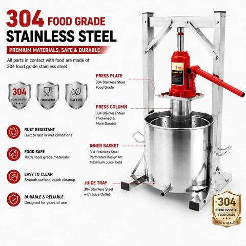 Heavy Duty Stainless Steel Hydraulic Fruit Press Juicer Squeezer Makes Juicing Apples Grapes Berries A Breeze For Homemade Cider Wine Cheese And Tinctures With Large Capacity Basket No Hassle High Pressure, 12L 304 stainless steel press