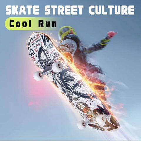 Skateboarder performing trick with Double Kick 31-Inch Maple Deck Skateboard With ABEC-9 Bearings And 95A PU Wheels, flame effect