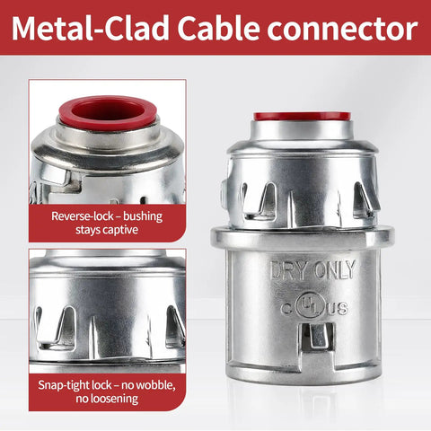 Premium 3/8 Inch MC Cable Connectors 25 Pack Top Shelf Zinc Die Cast Metal Clad Fittings For 1/2 Inch Knockout close-up view