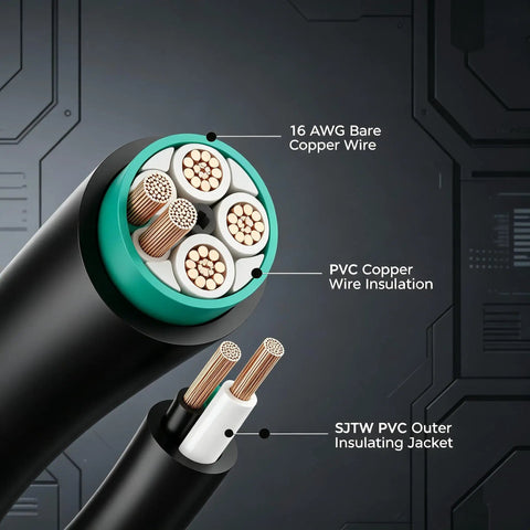 Close-up of Six Pack 16 Awg 13 Amp Heavy Duty Indoor Extension Cords One Foot Three Prong Grounded Plug showing copper wire and insulation.