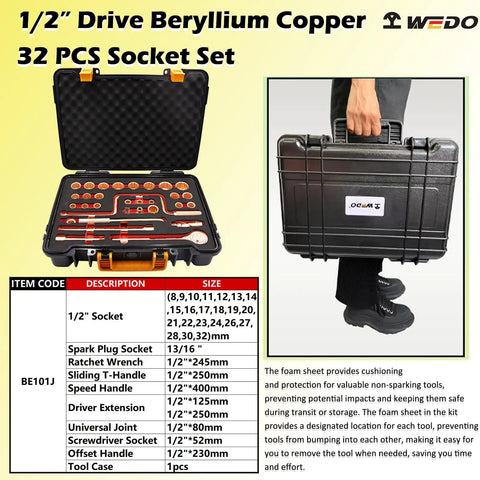 Non Sparking Beryllium Copper Tools Set 32 Piece Spark Free Kit with open and closed durable tool case and socket sizes visible