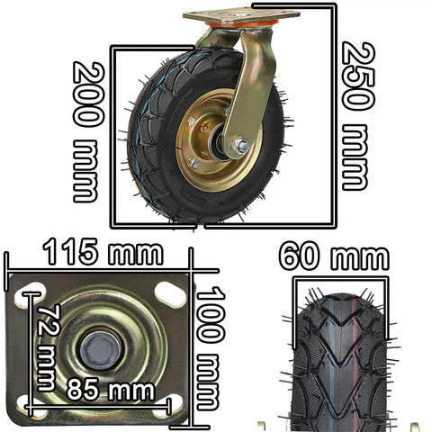 Heavy Duty Pneumatic Swivel Caster Wheels With Side Brakes For Workbenches Furniture Carts And Garage Rubber Wheels With Stainless Steel Screws Load Capacity Built To Last And Ready To Roll, dimensions shown