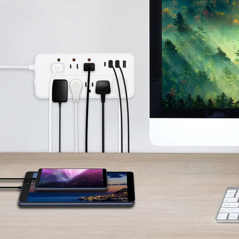 Must Have Six Outlet Surge Protector Power Strip With Four USB Ports And One USB C Port, 4ft Extension Cord, wall mounted