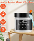 Heavy Duty Leather Filler And Repair Paste 4.5 Oz in a jar on a wooden table for repairing furniture and upholstery.