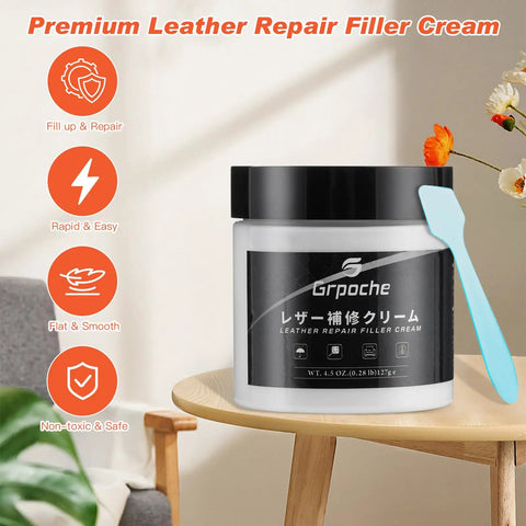 Heavy Duty Leather Filler And Repair Paste 4.5 Oz in a jar on a wooden table for repairing furniture and upholstery.