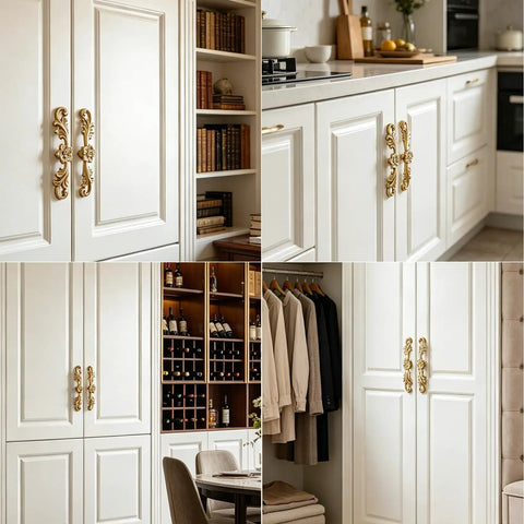 Upgrade Your Furniture Game Now With These Hella Charming Golden Floral Cabinet Handles And Vintage Drawer Pulls Designed To Bring Major Retro Swagger To Dresser Drawers And Bedroom Wardrobe Cabinetry Projects Instantly, showcased on white cabinetry.