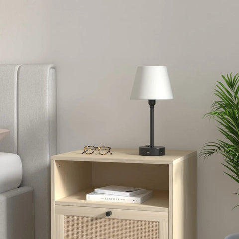 Lit Touch Control Table Lamp With Dual USB Ports And AC Outlet on nightstand, white fabric shade in bedroom setting