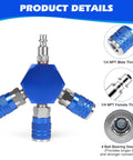 Milosline Connect 4-port blue air splitter manifold with 1/4 NPT fittings, hex body and quick-connect couplers