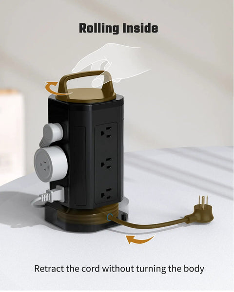 Power Strip Surge Protector Tower With 12 AC Outlets And 6 USB Ports Including 2 USB C, Cord Retracting Design With 6.5ft Cord