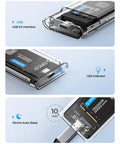 USB 3.0 mSATA SSD Enclosure with USB C to USB C and USB A Cable, transparent case showing LED indicator and USB 3.0 interface.