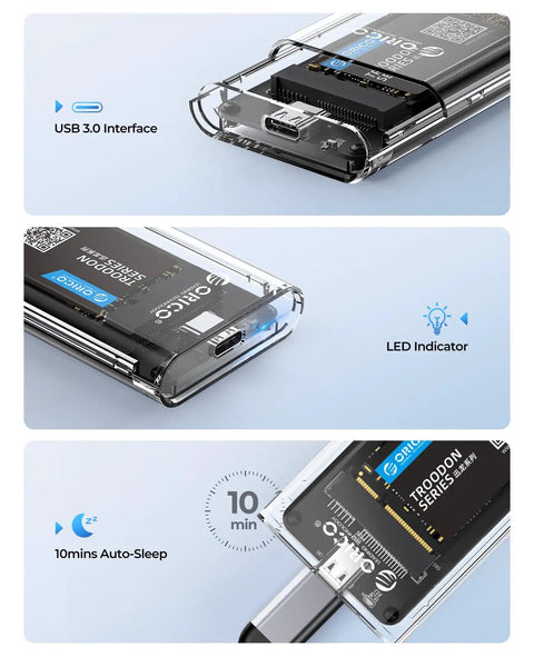 USB 3.0 mSATA SSD Enclosure with USB C to USB C and USB A Cable, transparent case showing LED indicator and USB 3.0 interface.