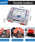 All In One 202Pcs Hitch Pins Set Assortment Kit displayed in a clear double toolbox with dimensions, showing organized pin storage.