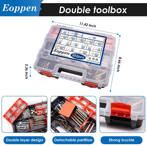 All In One 202Pcs Hitch Pins Set Assortment Kit displayed in a clear double toolbox with dimensions, showing organized pin storage.