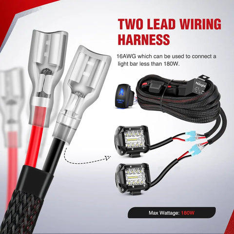 Heavy Duty 16 AWG Wiring Harness Kit With 2 Leads For Sasquatch LED Lights, 12V 5 Pin Rocker Switch, shown with wiring and connectors