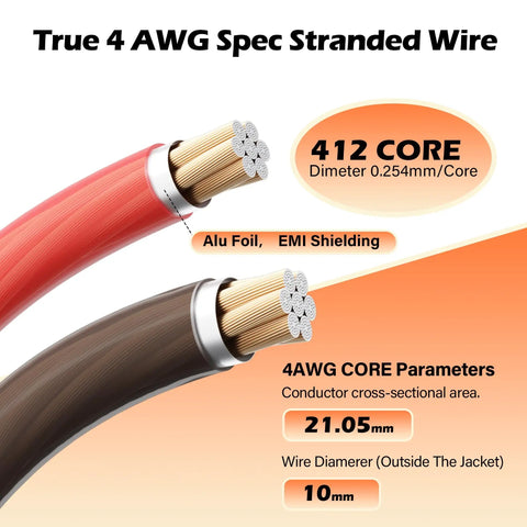 4 Gauge AWG Power Ground Wire Kit 15 Ft Black And 15 Ft Red With Heavy Duty Shielded CCA Soft Automotive Wiring For Car Audio Amp Speaker RV Trailer Marine Solar Needs Plus Lugs And Heat Shrink Tubes, red and black 4 AWG cable cutaway