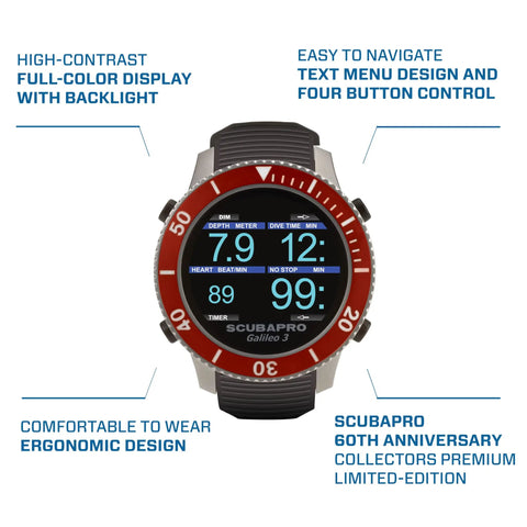 G3 Wrist Dive Computer 60th Anniversary Edition With Bluetooth and watch style color display, stainless steel case, red bezel