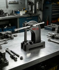 Rock Solid Heavy Duty Hand Operated Arbor Press Machine For Sheet Metal Stamping Bending And Forming on a workbench with tools.