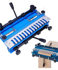 Heavy Duty 12 Inch Dovetail Jig And Mortising Guide For Slick Drawer And Cabinet Joinery Cuts That Fit Smooth As Silk on blue aluminum base.