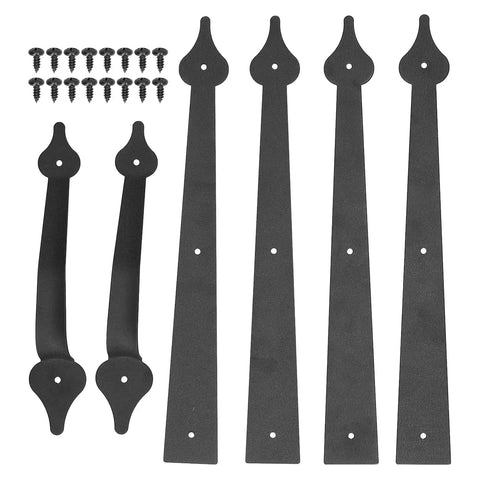 Matte Black Garage Door Hinges And Handles Kit with 4 hinges, 2 handles, screws included, for garages, barns, sheds, gates, closets.