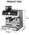Professional Twenty Bar Espresso Machine With Integrated Grinder And PID Temperature Control dimensions, stainless steel design, brewing coffee.