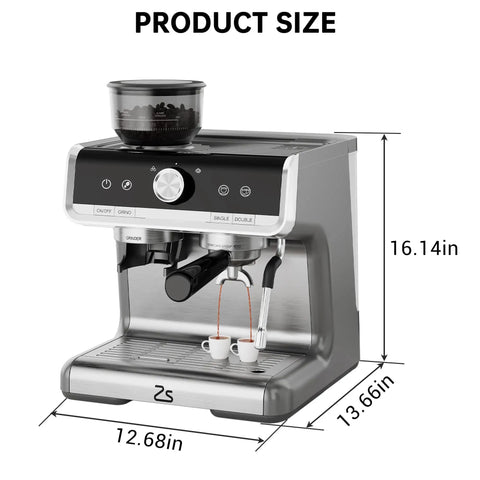 Professional Twenty Bar Espresso Machine With Integrated Grinder And PID Temperature Control dimensions, stainless steel design, brewing coffee.