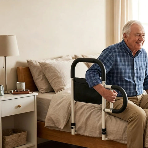 Bed Canes for Elderly and Adults Safety Bed Guard Rails Supports up to 350 Lbs 21.6 Inches High in use on a bed